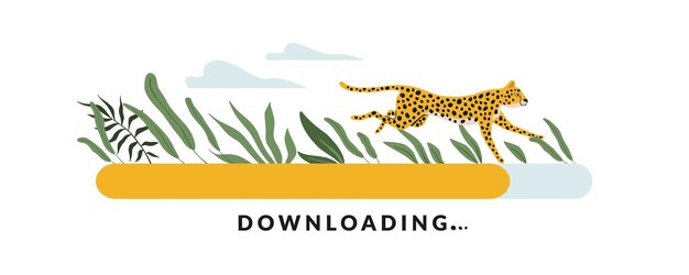 Fast downloading Highspeed loading Running cheetah Waiting for website upload Digital reboot line Computer interface with load progress indicator and funny animal Vector concept