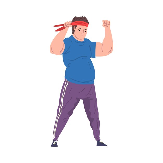 Fat Man Doing Sport Exercises Weight Loss Process Young Overweight Man Getting Fit Cartoon Vector Illustration on White Background