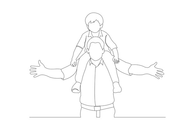 Father carrying his son on his shoulders continuous outline vector isolated on white background