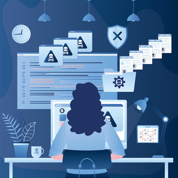 female back view sits in front of the monitor screen hacker at work spam mailing and virus attack