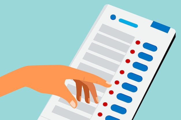 female hand casting vote on electronic voting machine (evm) vector illustration