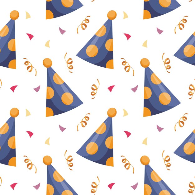 Festive seamless pattern, party hats, confetti and golden serpentines. Festive background, print
