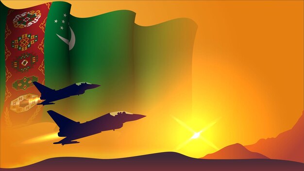 fighter jet plane with turkmenistan waving flag background design with sunset view suitable for national turkmenistan air forces day event