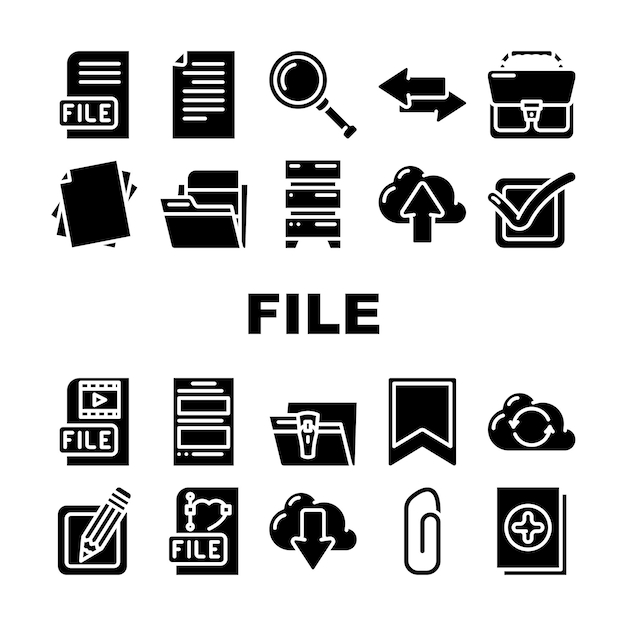 File Computer Digital Document Icons Set Vector Graphic And Video Electronic File Load And Upload To Cloud Storage Data Center Sharing And Transfer In Internet Glyph Pictograms Black Illustrations