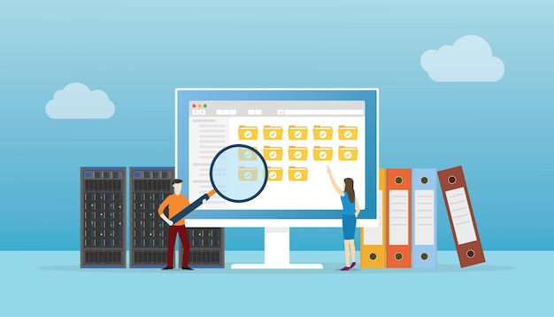 File management concept with people analyzing files on computer with server and books data with modern flat style