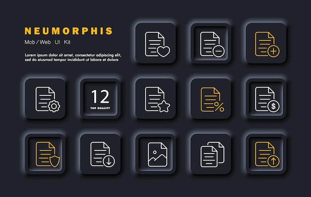 file set icon deleting sending blocking reading searching for files photos and finances in files settings configuring download upload neomorphism style vector line icon