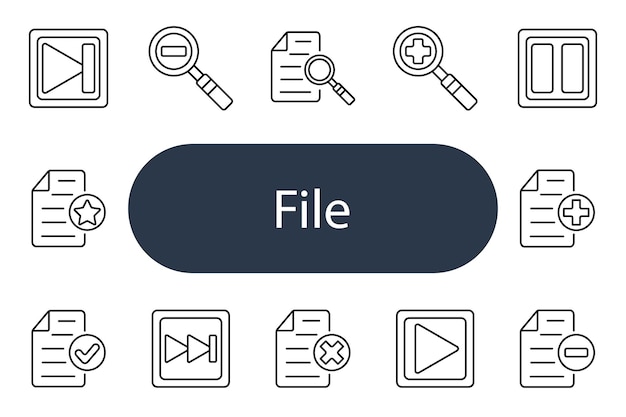 file set icon document magnifying glass plus minus favorite play pause checkmark cross organization data storage information zoom view details add remove digital system