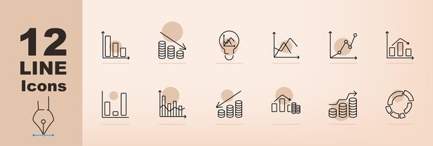 Finance and economics set icon Bar chart pie chart line graph coins dollar sign stock market growth decline investment economy Finance and economics concept