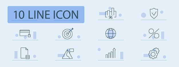 finance and economy set icon credit card target globe percentage bar chart document lock shield statistics growth data interest payment goal world protection global market