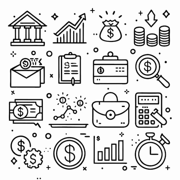 Financial icons including bank money charts and more