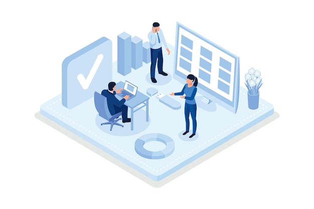 Financial report Characters analyzing balance sheet isometric vector modern illustration