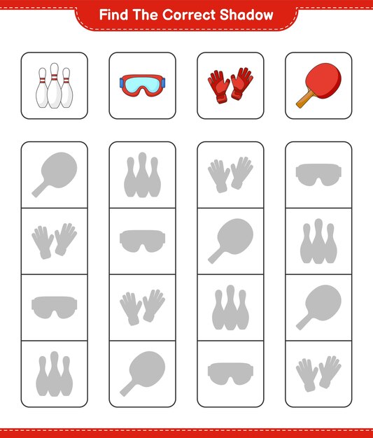 Find and match the correct shadow of Bowling Pin Goggle Ping Pong Racket and Goalkeeper Gloves