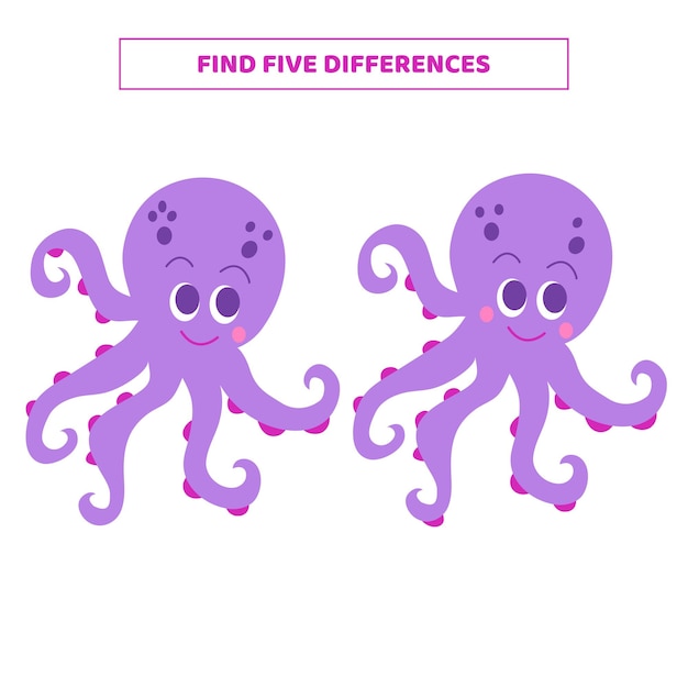 Find five differences between cartoon octopuses Educational game for kids