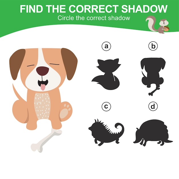 find the correct shadow matching animal shadow game for children worksheet for kid vector file
