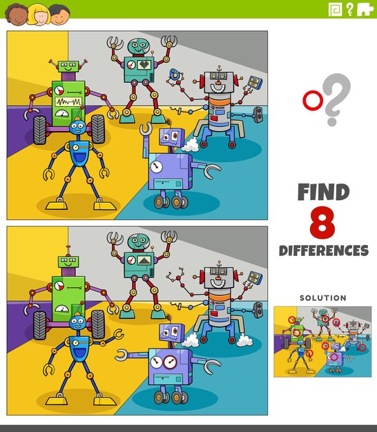 find the differences between pictures task with cartoon robots characters