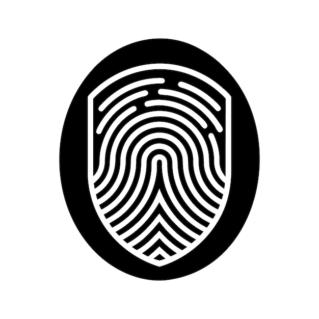 Fingerprint icon Black and white shield shaped fingerprint design Cyber security concept
