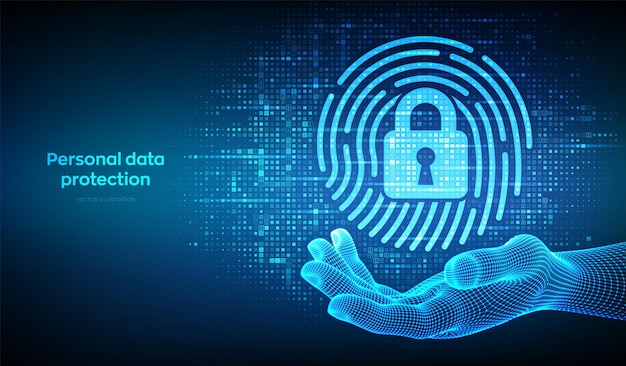 fingerprint with padlock icon made with binary code in wireframe hand personal data protection