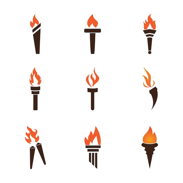 Fire torch with flame flat icons set Collection of symbol flaming illustration