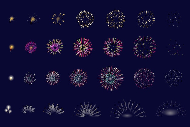 Firework animation mega set elements in flat graphic design Bundle objects of different salute explosion in sequence action glow pyrotechnic burst with sparkling step by step Vector illustration