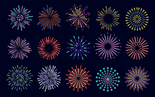 Firework beam bright flat set Holiday cartoon colorful sparkle rays Christmas new year party gleam explosion Happy birthday greeting postcard circle spark star shining sign