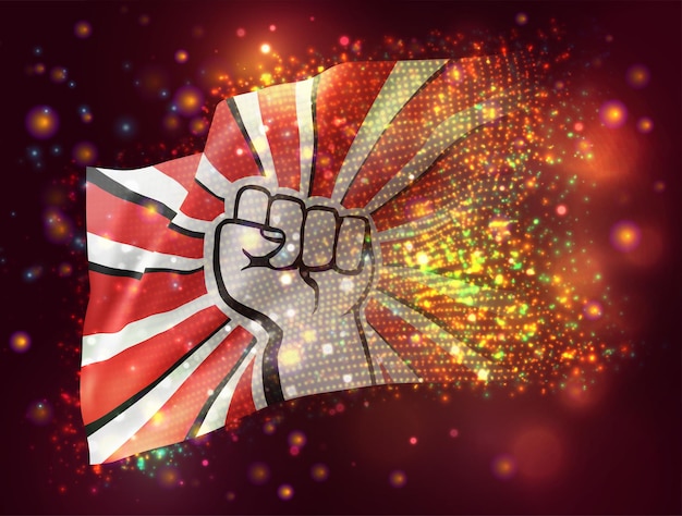 Fist of protest vector 3d flag on pink purple background with lighting and flares