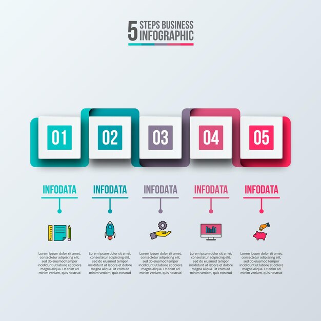 Five square shapes Horizontal infographic illustration Template for business presentation