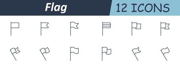 Flag set icon Various flag shapes on vertical and diagonal poles with different edge cuts curves folds and wave patterns displayed in minimal outline style
