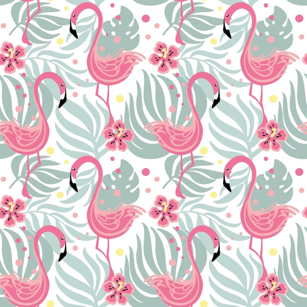 Flamingos in tropical forest Exotic plants Summer print Seamless pattern Vector