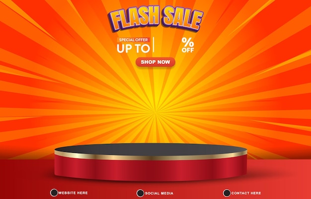 flash sale discount template banner with blank space 3d podium for product sale with abstract gradient yellow and orange background design