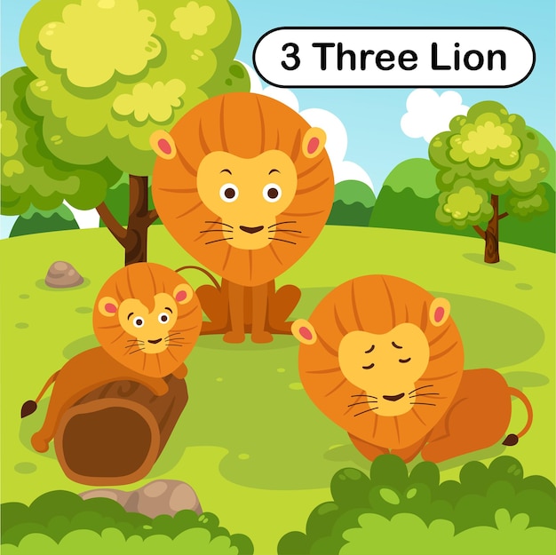 Flashcard number three with 3 lion learning for kid illustration vector