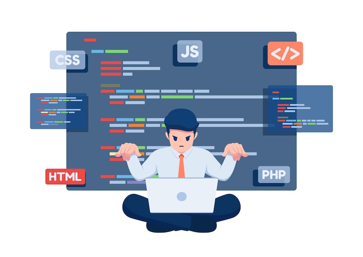 Vector flat 3d isometric businessman as a programmer working on laptop to coding. software development concept.