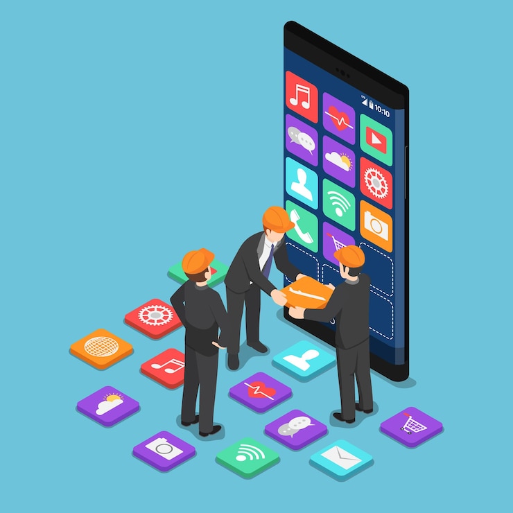 Vector flat 3d isometric businessman help each other to build mobile application. mobile app developer concept.