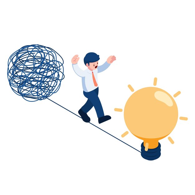 Flat 3d Isometric Businessman Walking from Messy Line to Light Bulb Business Solution and Idea Concept