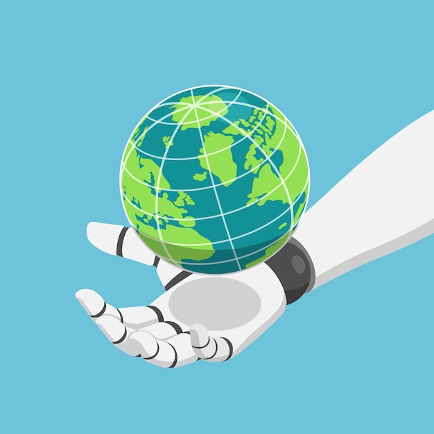 flat 3d isometric robot hand holding the world or planet earth. ai or artificial intelligence concept.