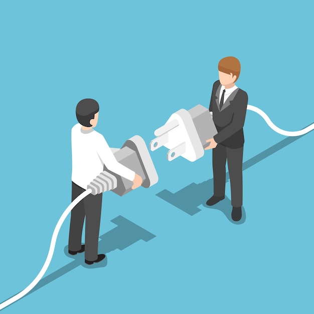 Flat 3d isometric two businessmen connecting plug together. Business connection concept.