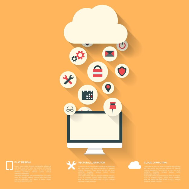 Flat abstract background with web icons interface symbols cloud computing mobile devices