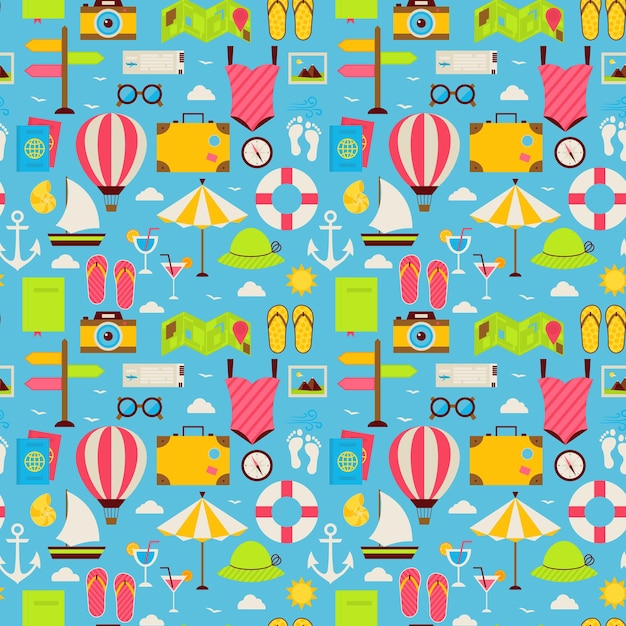 Flat Beach Travel Resort Vacation Seamless Pattern. Voyage Flat Design Vector Illustration. Tiling Background. Collection of Summer Holidays and Marine Beach Colorful Objects.
