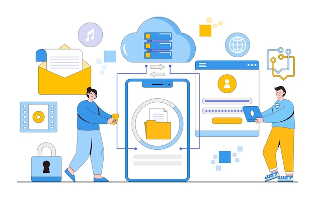 Flat business cloud technology on mobile phone or smartphone device with team administrator and developer working concept Outline design style minimal vector illustration