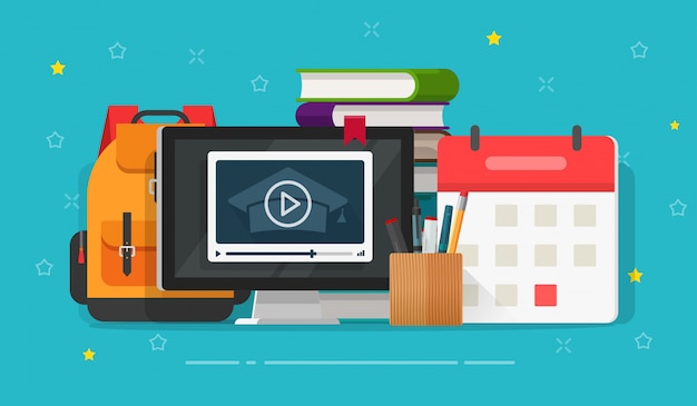 Flat cartoon online web courses or video study via web