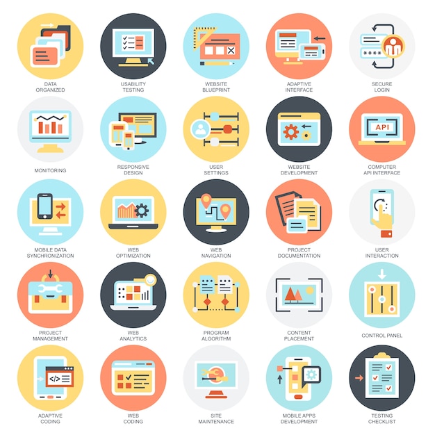 flat conceptual icons pack of web design and development, web coding.