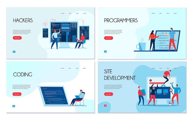 Flat design set of four horizontal banners with hackers and programmers at work isolated  illustration