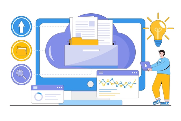 flat electronic document management concept outline design style minimal vector illustration for landing page web banner infographics hero images
