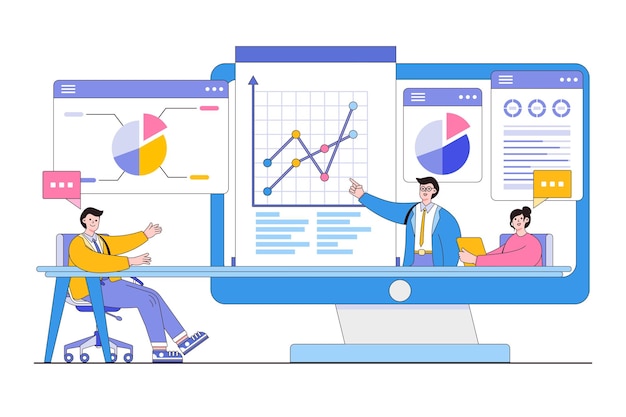 flat group business team video conference meeting online and brainstorming concept outline design style minimal vector illustration