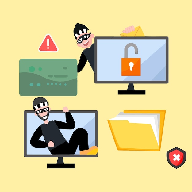 Flat illustration of hacker at laptop