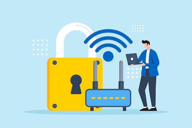 flat illustration of man setting up secure wifi network with strong password to prevent unauthorized access