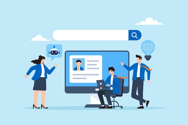 Flat illustration of office workers exploring online information using AI generative tools with search bar for internet browsing and SEO optimization