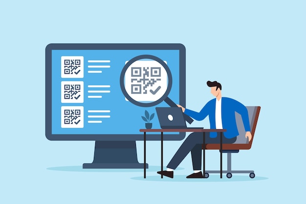 Flat illustration of remote worker scanning QR checklists with magnifying glass in digital workspace for task verification and data tracking