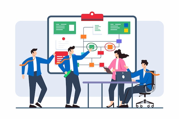 flat illustration of team members addressing issues with strategic problemsolving on whiteboard