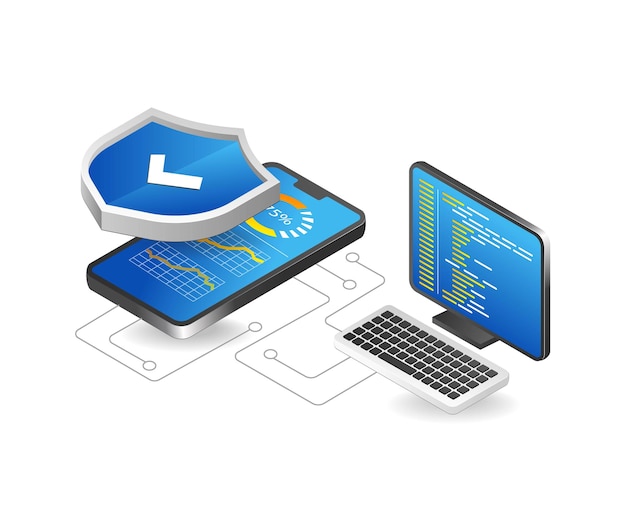 Flat isometric 3d illustration smartphone security application program analysis concept