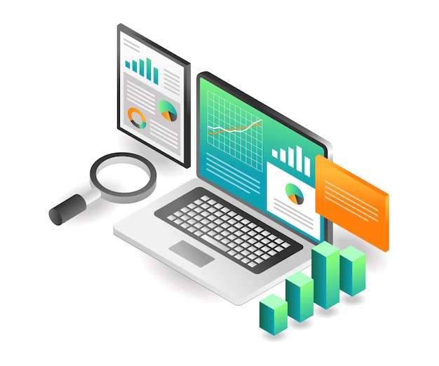 flat isometric concept illustration investment business analysis data results